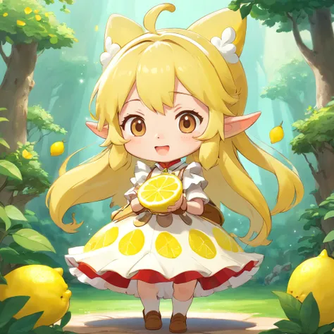 anime style, chibi style lemon meringue from strawberry shortcake, mocha skintone, lemon character, gnome background magical, full body, 3D Image 