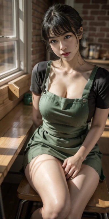 original photo，A girl works on a workbench at Starbucks，black shirt， Wearing a green apron outside，rim light， clavicle， Face， long legs，Idol， depth of field， tilt， reflective，lifelike, ultra high resolution, high quality，soft light，best quality，masterpiece...