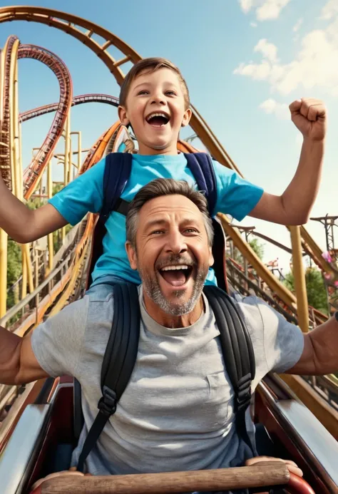 hyper realistic close-up image of a 40 year old father with his 12 year old son, having fun, with arms raised, going down a roller coaster, 32k 