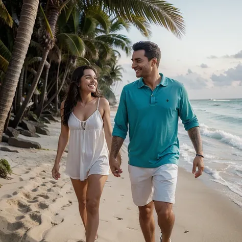 Um casal caminhando feliz na praia