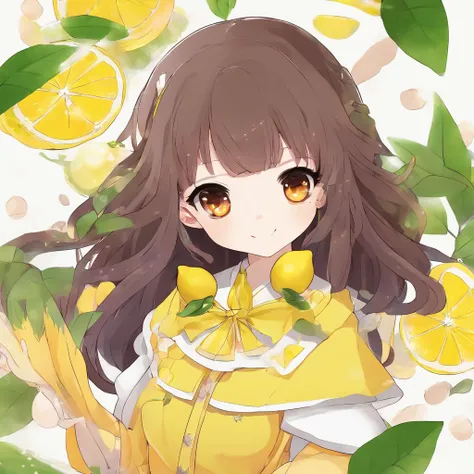 anime style, kawaii style lemon meringue, mocha skintone, dark brown hair color, brown eyes, lemon character, gnome background magical, full body, 3D Image 