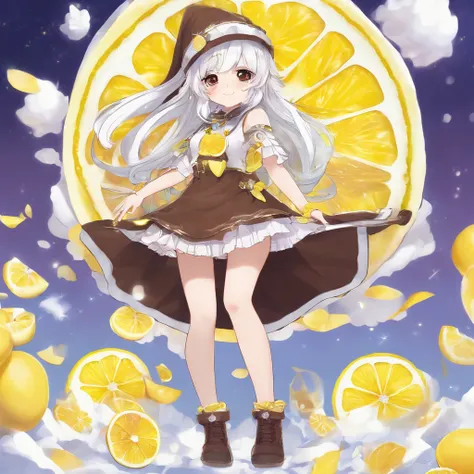 anime style, kawaii style lemon meringue, mocha skintone, dark brown hair color, brown eyes, lemon character, gnome background magical, full body, 3D Image 