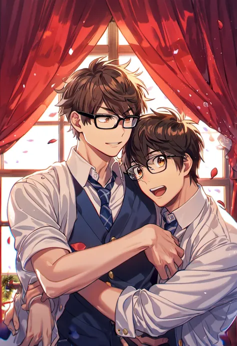 absurdres, highres, ultra detailed, HDR, master piece, best quality, Sawamura Eijun hugging Miyuki Kazuya wearing glasses with black frames, 2men, gay couple, handsome, brown hair, medium-length brown hair messy and windswept, expressive brown eyes, Diamon...