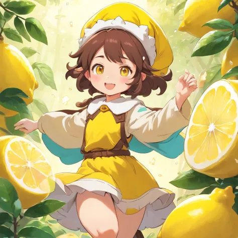 anime style, kawaii style lemon meringue, mocha skintone, dark brown hair color, brown eyes, lemon character, gnome background magical, full body, 3D Image 