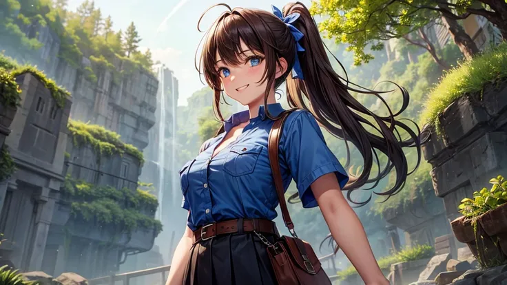 1girl, solo, village, trees, brown hair, long hair, curly hair, ponytail, large breasts, button down shirt, police, ((blue shirt)), ((unbuttoned shirt)), ((short sleeved shirt)), blue eyes, skirt, grin, looking at the viewer, standng, hair ribbon