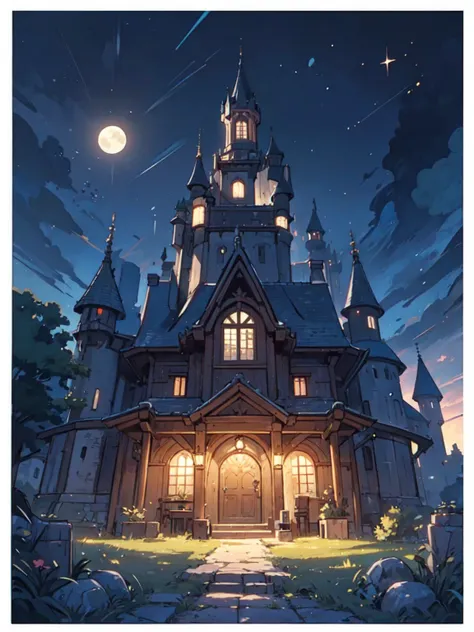 (no human), background, hogwarts, (detailed castle:1.3), ancient castle, stone walls, in the room, open space, night, moon right, regal atmosphere, 8k artistic photography, perfect composition, trending pixiv fanbox, style of makoto shinkai and studio ghib...