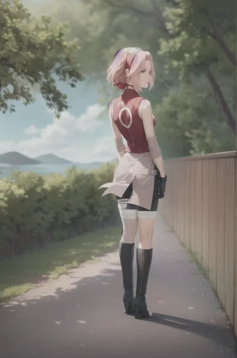 masterpiece, best quality, 1girl,haruno sakura, pink hair,  short hair, green eyes, bike shorts, black gloves, sleeveless, banda...