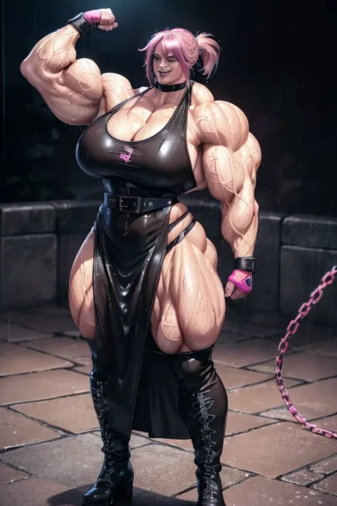 (((((Massive tall, beautiful, buff, wet, light brown skinned muscular woman with wet shocking pink hair, black lipstick, ginormous bulky muscles, and wearing a black leather maxi dress))))), close view, massive muscle, massive biceps, hyper muscle shoulder...