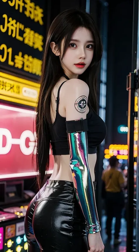 1 girl,Imagine a young girl in a cyberpunk atmosphere.,She has striking colored hair., For example, neon blue or dark red.,in your eyes, Add a touch of cybernetics or futuristic contact lenses that reflect the essence of advanced technology.,The clothes yo...