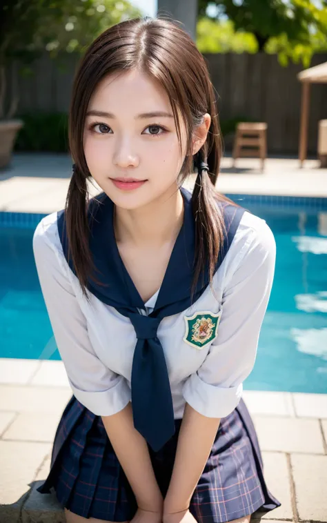 （8k、live-action、Raw photo、highest quality、masterpiece：1.2),(outdoors,pool,Sunlight:1.2),((perfect lighting)),(twin tails),looking at the viewer,upward glance,Looking at the front,sexy pose, back,smile,erotic,18-year-old,student,white skin,knees,absurd,smal...