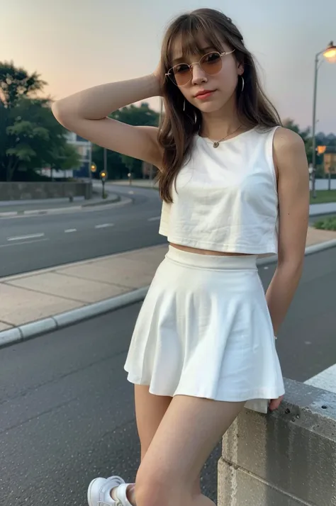 a beautifull 14 years old girl,14 years old girl, skinny body, slim body, white skin, masterpiece, textured skin, super detail, high details, high quality, 8k, nice pose, road night background, side lighting to face, dress, wearing a sun glasses at night, ...