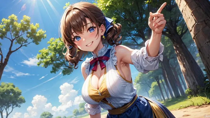 1girl, solo, village, trees, brown hair, short hair, curly hair, side ponytail, large breasts, sleeveless blue top, cleavage, blue eyes, skirt, grin, looking at the viewer, standng, hair ribbon, golden necklate