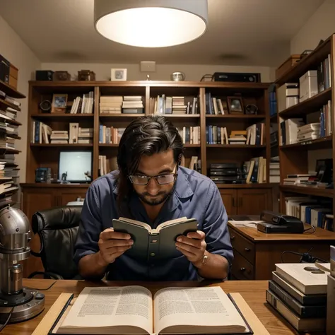 A dedicated scientist is reading books in his study room thinking about how to create a machine to process information more efficiently.