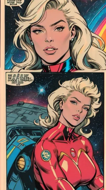 masterpiece,extremely beautiful woman,woman space retro futurism, beautiful face,hi-tech armour over silver latex suit, long curly blonde hair,in deep space, with several planets and suns in the background Excellent sense,cleavage,American Comics,(((The Pe...