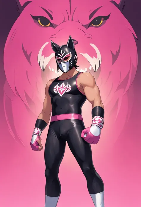 a young hispanic wrestler wearing a wrestling mask of a wolf, su torso al descubierto, a long mesh black latex wrestling pants with pink and white designs, posa con confianza en el ring.