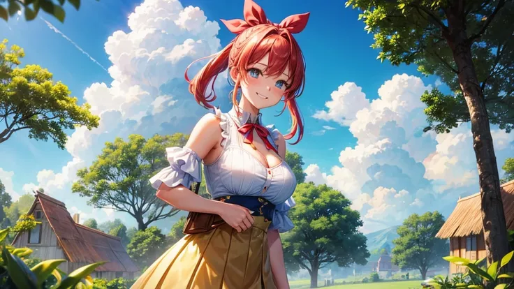 1girl, summer, village, trees, sun, clouds, ((colorful hair)), ponytail, large breasts, cleavage, sleeveless blue top, blue eyes, mini skirt, brown shoes, grin, looking at the viewer, standing, red, white and green hair ribbon, ((golden necklate))