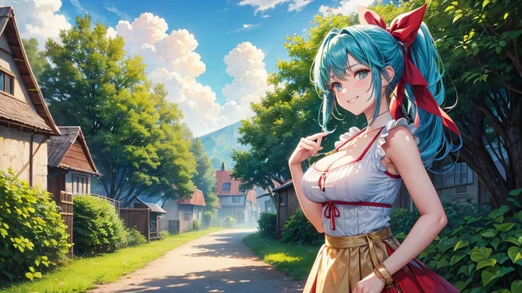 1girl, summer, village, trees, sun, clouds, ((colorful hair)), ponytail, large breasts, cleavage, sleeveless blue top, blue eyes, mini skirt, brown shoes, grin, looking at the viewer, standing, red, white and green hair ribbon, ((golden necklate))