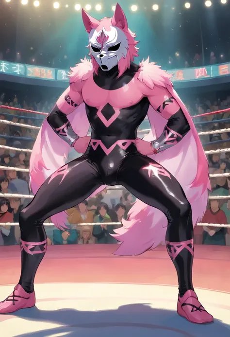 a young humanoid wolf with a wrestling mask, su torso al descubierto, a long mesh black latex wrestling pants with pink and white designs, posa con confianza en el ring.