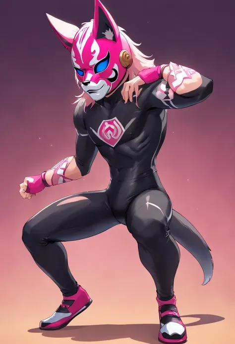 a young humanoid wolf with a wrestling mask, su torso al descubierto, a long mesh black latex wrestling pants with pink and white designs, posa con confianza en el ring.