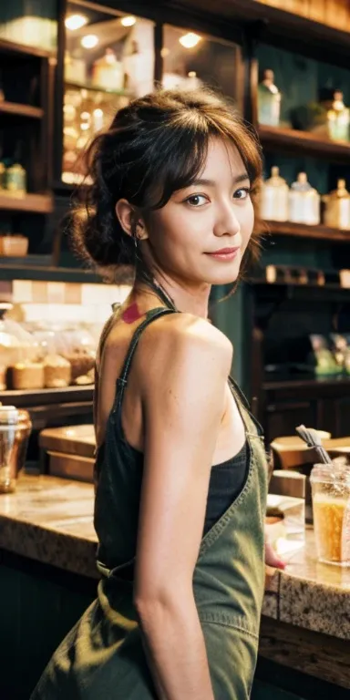 original photo，A sexy girl working at a counter in Starbucks，black shirt， Wearing a green apron outside，rim light， clavicle， beautiful face，tattoos on the arms， long legs，Idol， depth of field， tilt， reflective，lifelike, ultra high resolution, high quality，...