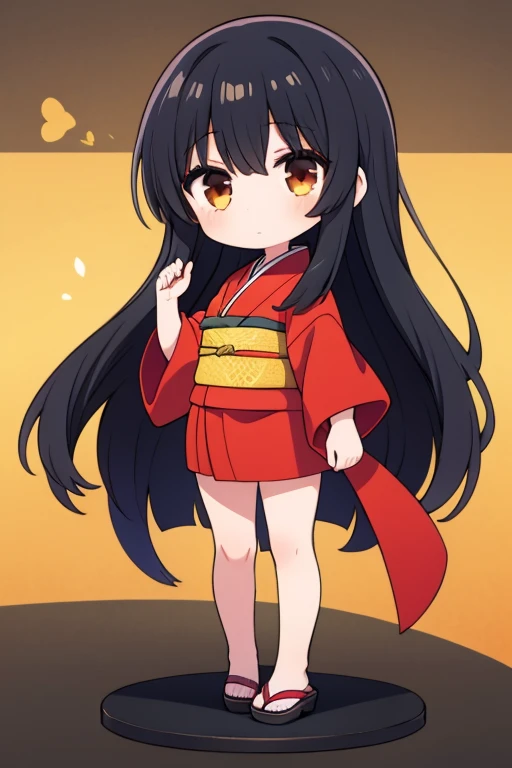 1girl, kimono, black hair, brown eye, long hair, chibi, standing, full body