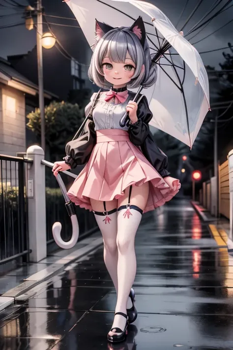 a cat girl smiling, wearing a mini ruffled skirt and crop shirt, shirt with short puffy sleeves, stockings, pumps, holding an umbrella, walking in the rain at night, creepy, horror style