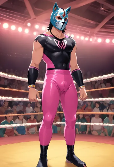 a young hispanic wrestler wearing a wrestling mask of a wolf, su torso al descubierto, a long mesh black latex wrestling pants with pink and white designs, posa con confianza en el ring.