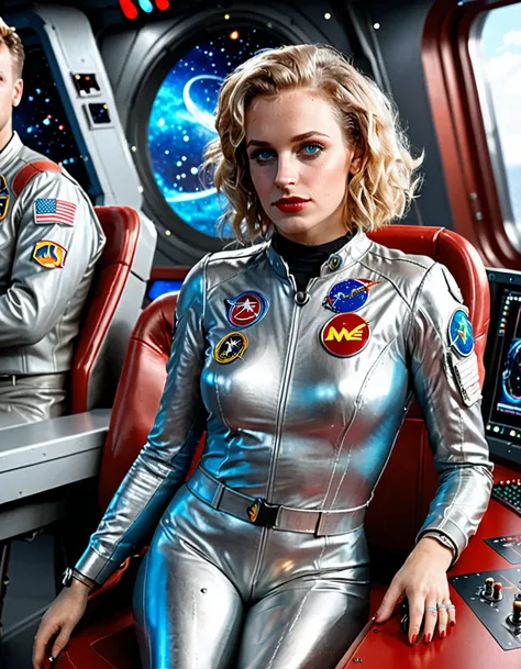 (masterpiece, best quality, illustration, unreal engine 5, official art:1.3), Rich Red color scheme, Don Lawrence hyper realistic picture of 24 yo Blond Haired [Marilynn Monroe:Maude Adams:0.45] as a Female Space Explorer, a technocratic, omnivorous, iride...