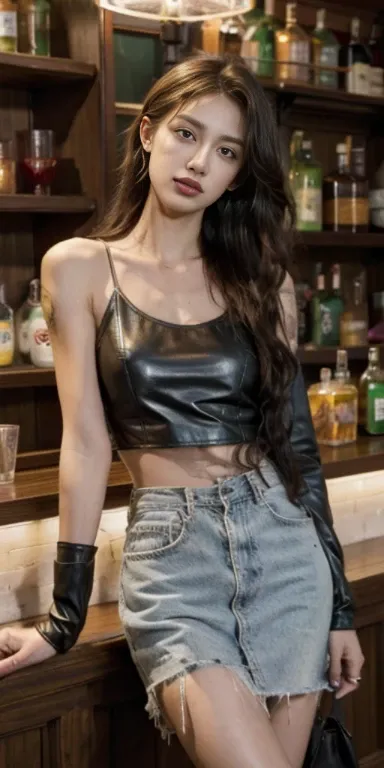 original photo，A sexy girl works at the counter in the bar，green leather jacket，Lace tank top， rim light， clavicle， beautiful face，tattoos on the arms， Thin waist and wide hips，long legs，Idol， depth of field， tilt， reflective，lifelike, ultra high resolutio...