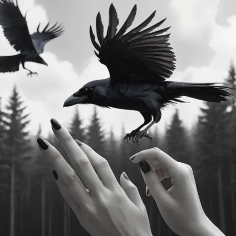 Womans hand foreground, ring shaped like a flying raven, tattoo of minute crows, background flock of black crows in sky above forest, elegance, splendor, perfection, inspired by @ralphlentjes, chiaroscuro, high contrast, textured, perfect composition, intr...