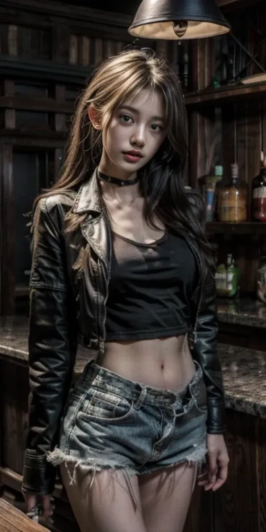 original photo，A sexy girl works at the counter in the bar，green leather jacket，Lace tank top， low rise shorts，rim light，lace choker， clavicle， beautiful face，tattoos on the arms， Thin waist and wide hips，long legs，Idol， depth of field， tilt， reflective，li...