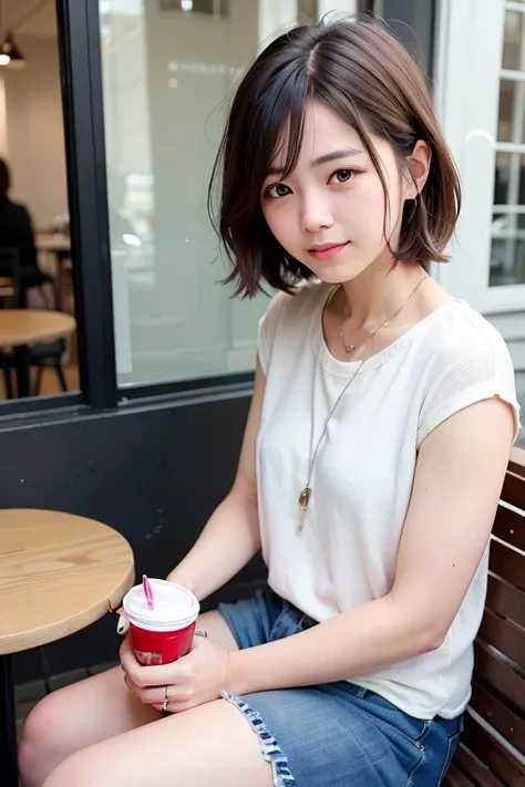 "A beautiful woman with short hair and a neat and pretty look、She has bright brown eyes and a refreshing smile.。she is wearing casual clothes、Natural makeup applied。There is an urban cafe in the background.、Sitting relaxed by a window with natural light st...