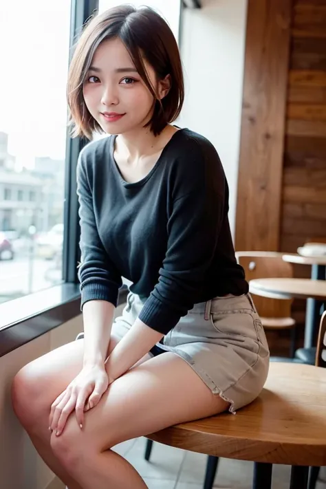 "A beautiful woman with short hair and a neat and pretty look、She has bright brown eyes and a refreshing smile.。she is wearing casual clothes、Natural makeup applied。There is an urban cafe in the background.、Sitting relaxed by a window with natural light st...