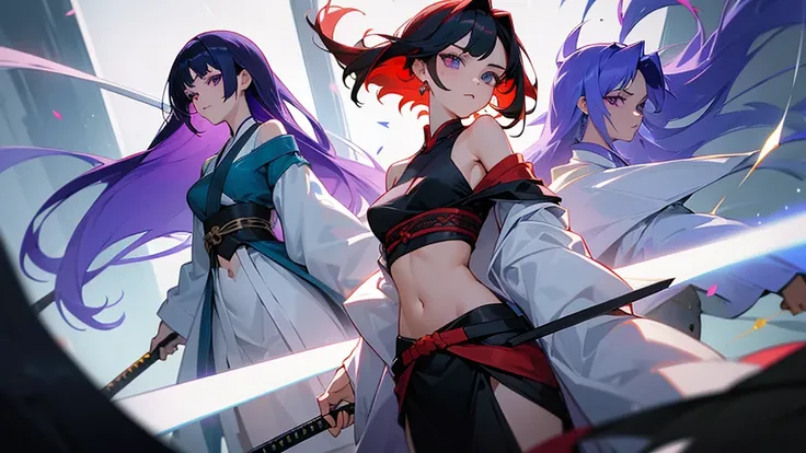 four people,woman,There is a sense of distance,Sexy off-the-shoulder,Open navel,Hanfu,red hair purple eyes,Blue hair and green eyes,Black hair, blue eyes,White hair and golden eyes,Take a sword,Want to fight