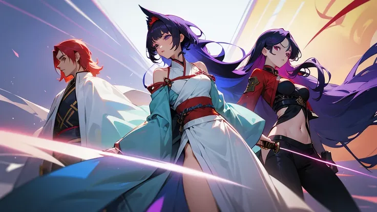 four people,woman,There is a sense of distance,Sexy off-the-shoulder,Open navel,Hanfu,red hair purple eyes,Blue hair and green eyes,Black hair, blue eyes,White hair and golden eyes,Take a sword,Want to fight