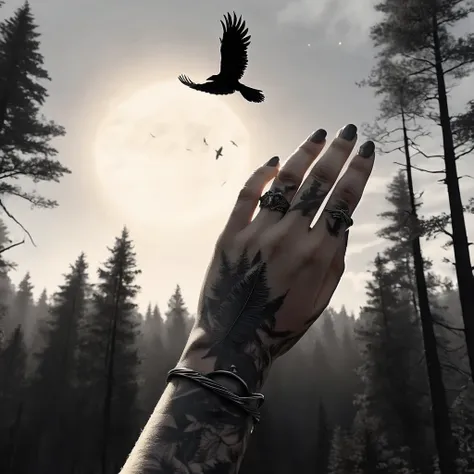 Womans hand foreground, ring shaped like a flying raven, tattoo of minute crows, background flock of black crows in sky above forest, elegance, splendor, perfection, inspired by @ralphlentjes, chiaroscuro, high contrast, textured, perfect composition, intr...