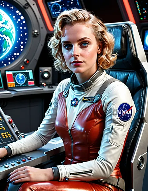 (masterpiece, best quality, illustration, unreal engine 5, official art:1.3), Rich Red color scheme, Don Lawrence hyper realistic picture of 24 yo Blond Haired [Marilynn Monroe:Maude Adams:0.45] as a Female Space Explorer, a technocratic, omnivorous, iride...