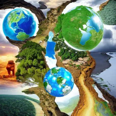 Make a professional and creative flawless collage about modern-day world problems such as climate change, air and noise pollution, deforestation, loss of biodiversity. 