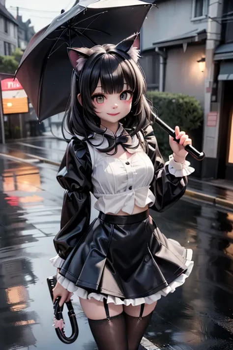 a cat girl smiling, wearing a mini ruffled skirt and crop shirt, shirt with short puffy sleeves, stockings, pumps, holding an umbrella, walking in the rain at night, creepy, horror style, dynamic angle