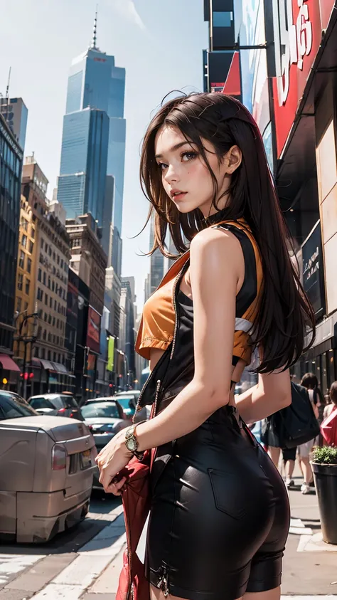 new york、skyscraper、1 woman、brown inner color((colored inner hair))、long hair、wear a sleeveless zipper-up top、high leg