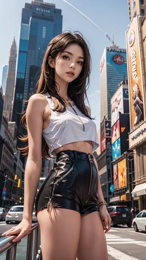 new york、skyscraper、1 woman、brown inner color((colored inner hair))、long hair、wear a sleeveless zipper-up top、high leg