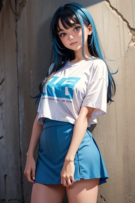 Village health worker, Highest quality, complicated details, Chromatic aberration, 1 girl comes in, dynamic gesture, movie corner, long hair, blue highlights, Heterochromia of the iris, gentle smile, Oversized t-shirt, Super Super Mini Skirt, Pull up your ...