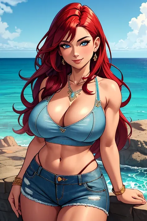 masterpiece,,((ultra detailed background, delicate pattern, intricate detail)), (highly detailed, fine details, rich colors), best quality, beautiful lighting, 1girl, young woman at 22, red hair, solo, long hair, blue eyes, smile,((big breasts, cleavage, p...