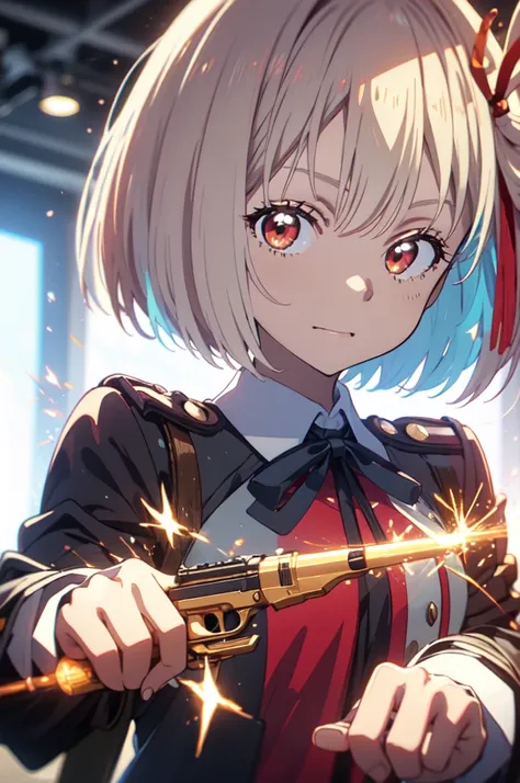 pointing a gun at the audience, detailed five-fingered hand, holding a handgun, Chisato Nishikigi, lycoris uniform, sparks fly, highest quality,((highest quality)),((table top)),((perfect face)),detailed５two-fingered hand,1 girl,The background will be, ((h...