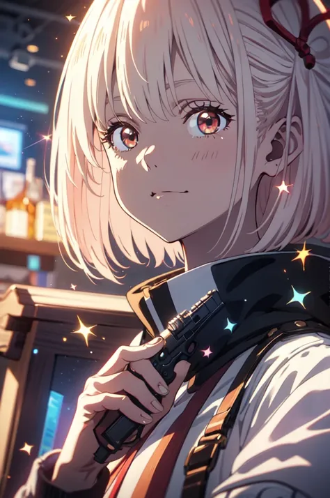 pointing a gun at the audience, detailed five-fingered hand, holding a handgun, Chisato Nishikigi, lycoris uniform, sparks fly, highest quality,((highest quality)),((table top)),((perfect face)),detailed５two-fingered hand,1 girl,The background will be, ((h...