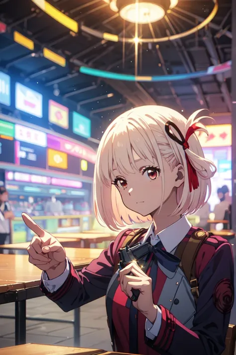 pointing a gun at the audience, detailed five-fingered hand, holding a handgun, Chisato Nishikigi, lycoris uniform and sparkling background, highest quality,((highest quality)),((table top)),((perfect face)),
detailed５two-fingered hand,1 girl and city back...