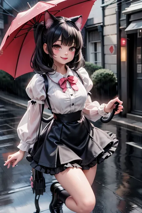 a cat girl smiling, wearing a mini ruffled skirt and crop shirt, shirt with short puffy sleeves, stockings, pumps, holding an umbrella, walking in the rain at night, creepy, horror style, dynamic pose