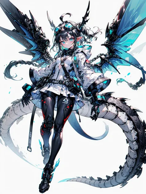 dragon ears, Mecha, mechanical, dragon wings, dragon tail, dragon horn, (goggles on head:1.3),, ultra get used to it, masterpiece, highest quality, beautiful, get used to it,, alone, smile, 1 girl, aqua eye, black hair, low ponytail, Ahoge, unusually long ...