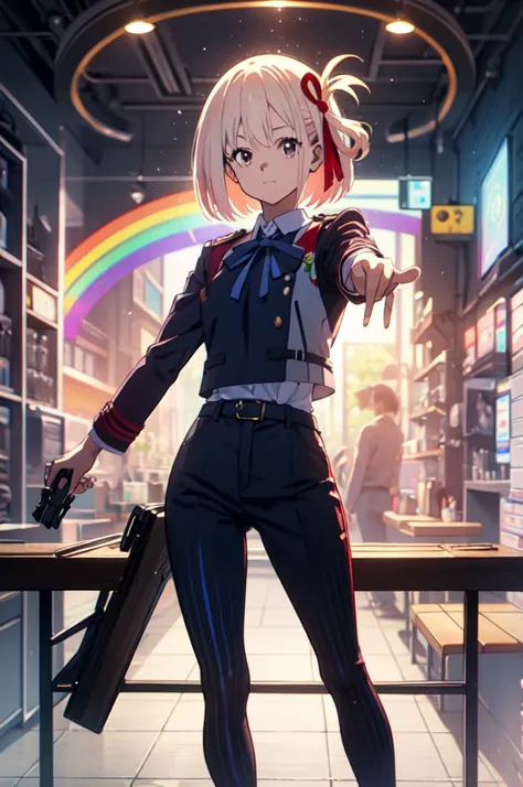 full body, pointing gun, gun action, at the audience, detailed five-fingered hand, holding a handgun, hundgun action, Chisato Nishikigi, lycoris uniform and sparkling background, highest quality,((highest quality)),((table top)),((perfect face)), detailed５...