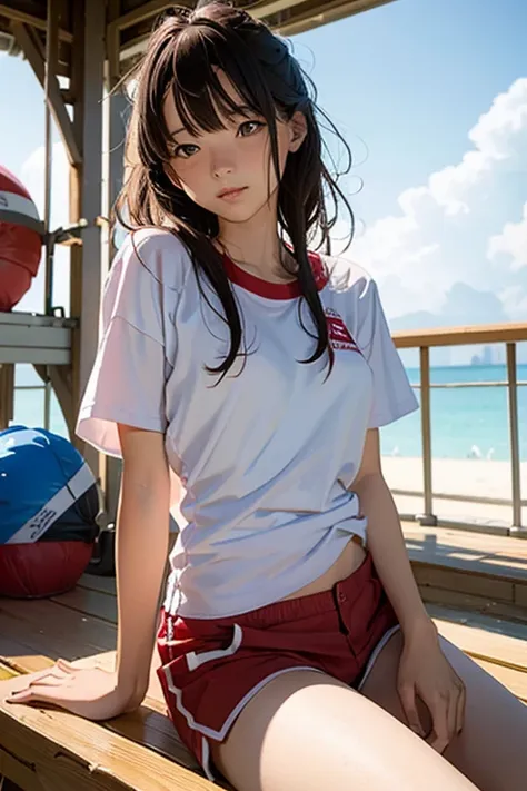 1girl, a girl as a lifeguard, sitting in the sun on a white lifeguard tower, plain white shirt, red shorts, 8k, professionally color graded, depth of field 